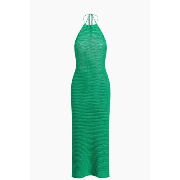 Commense Dresses & Skirts - Commense Kelly Green Open Back Halter Crochet Sweater Dress - M